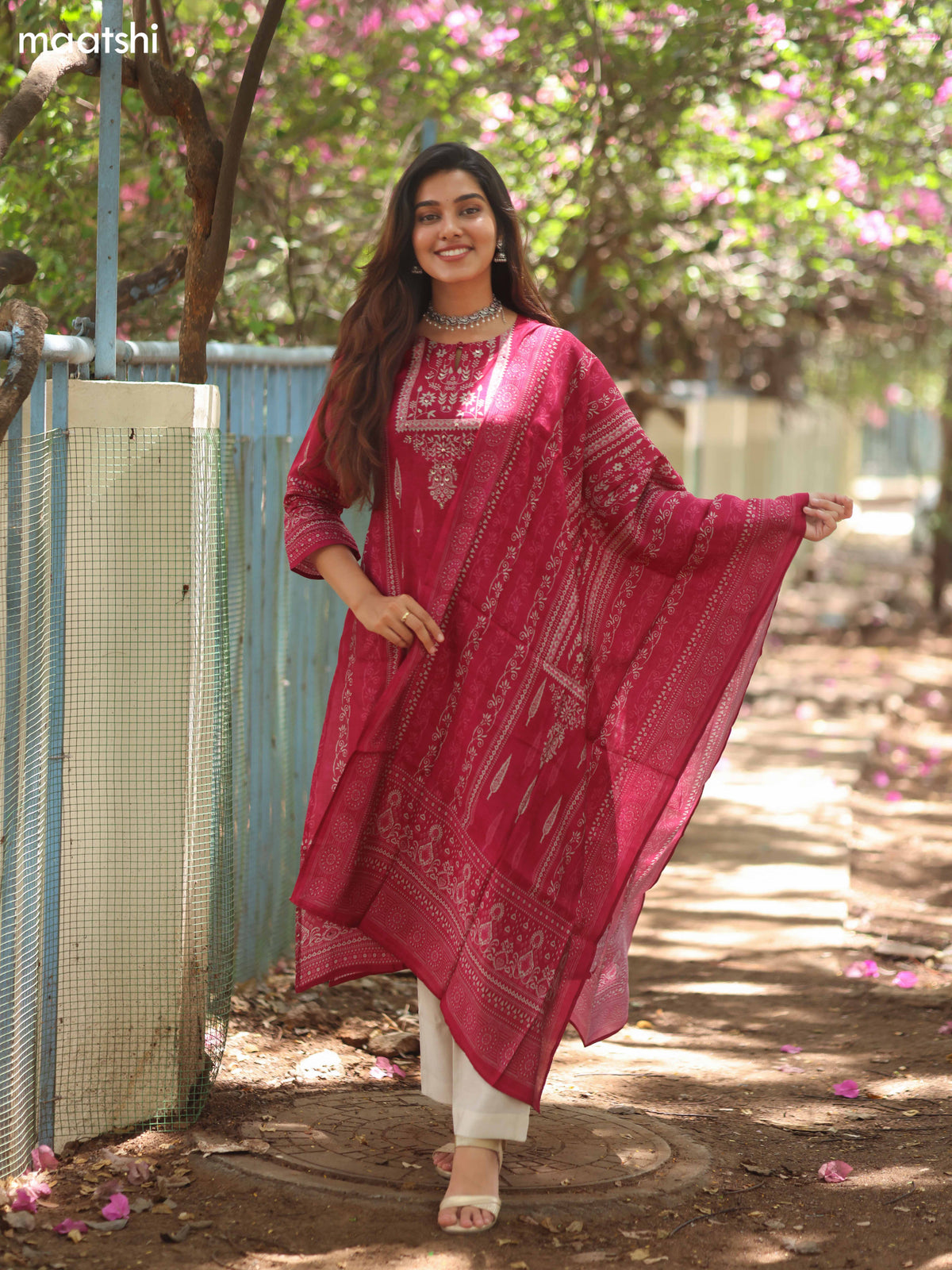 Pink Modal Printed Straight Suit