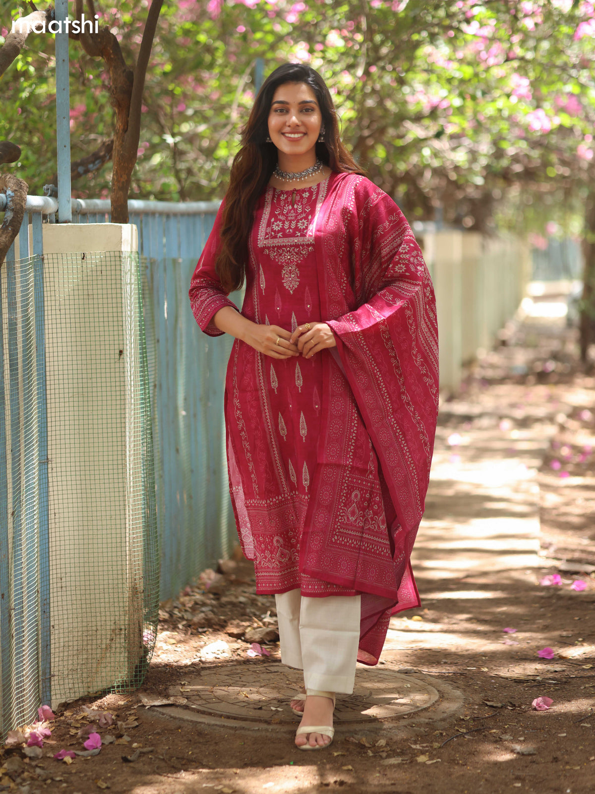 Pink Modal Printed Straight Suit