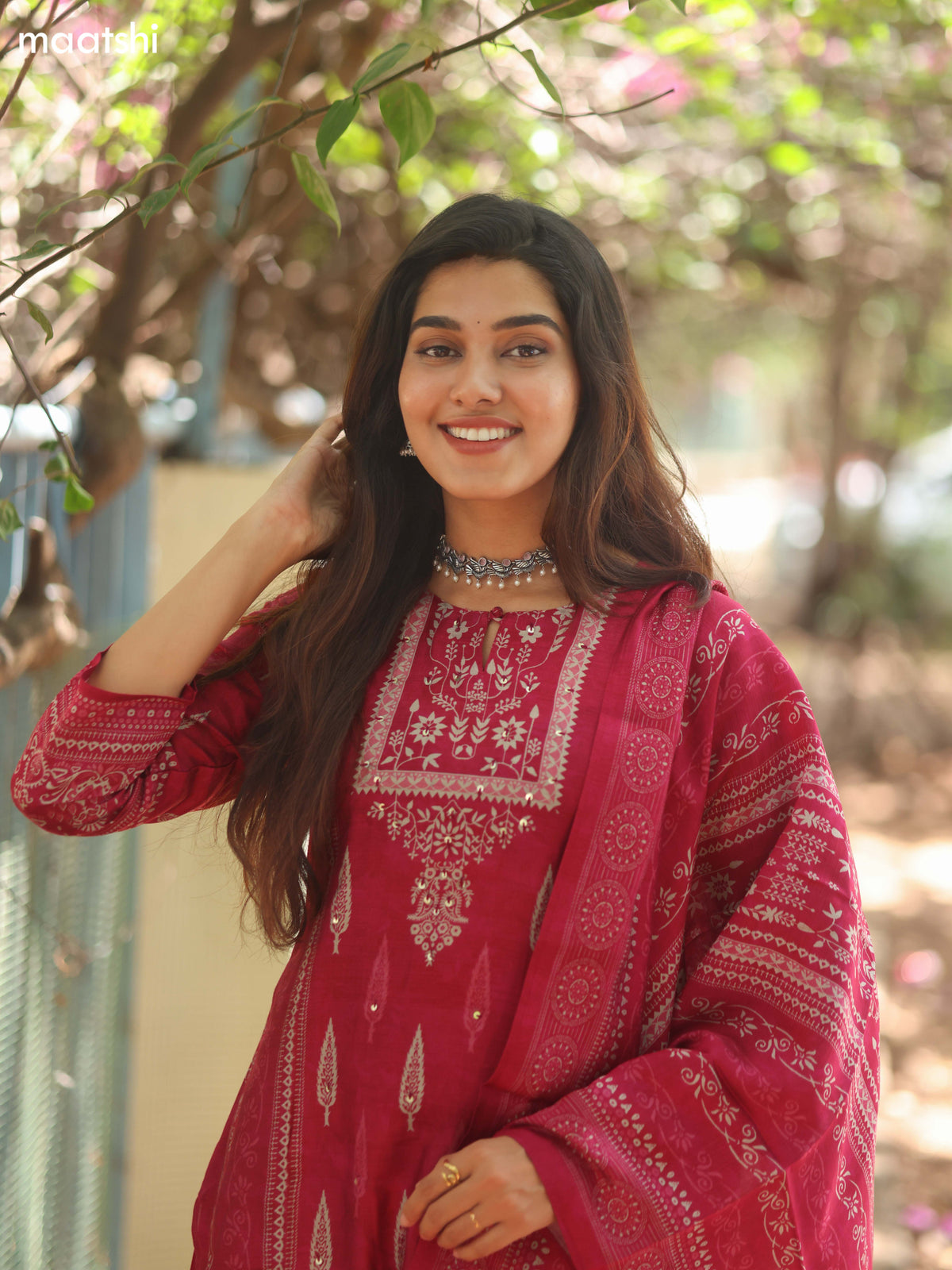 Pink Modal Printed Straight Suit