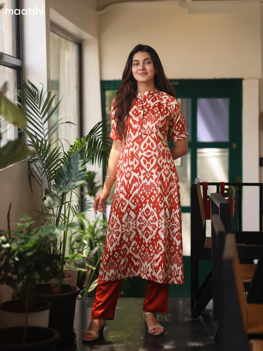 Rust and Cream Muslin Ikat Printed Kurti Set