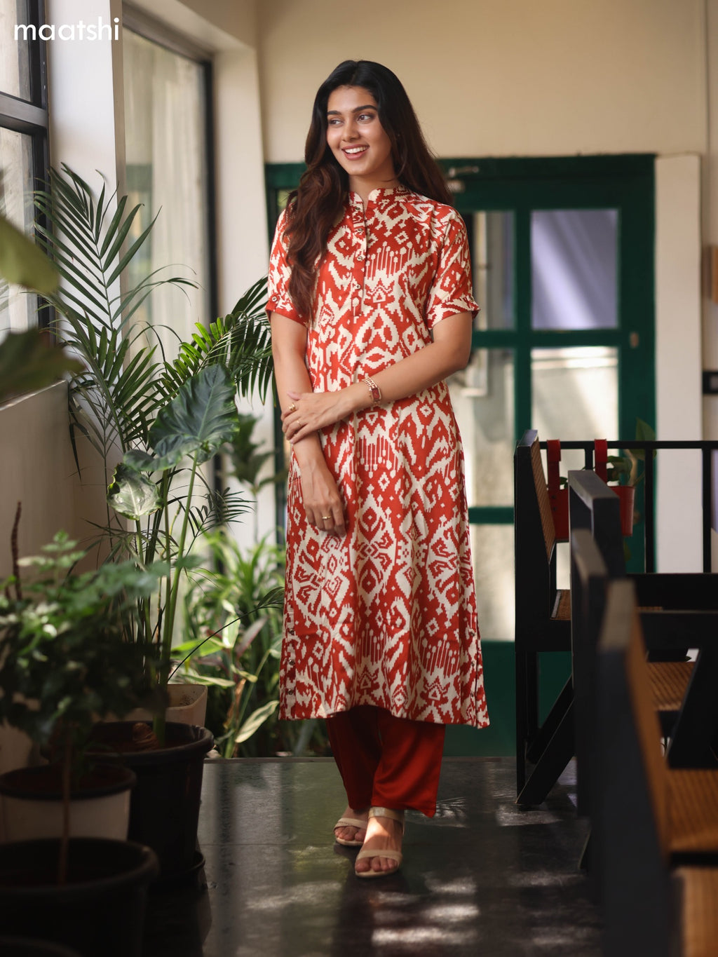 Rust and Cream Muslin Ikat Printed Kurti Set