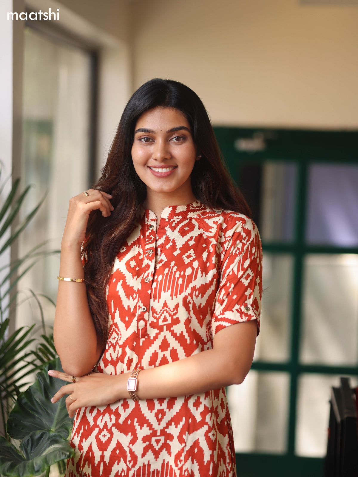 Rust and Cream Muslin Ikat Printed Kurti Set
