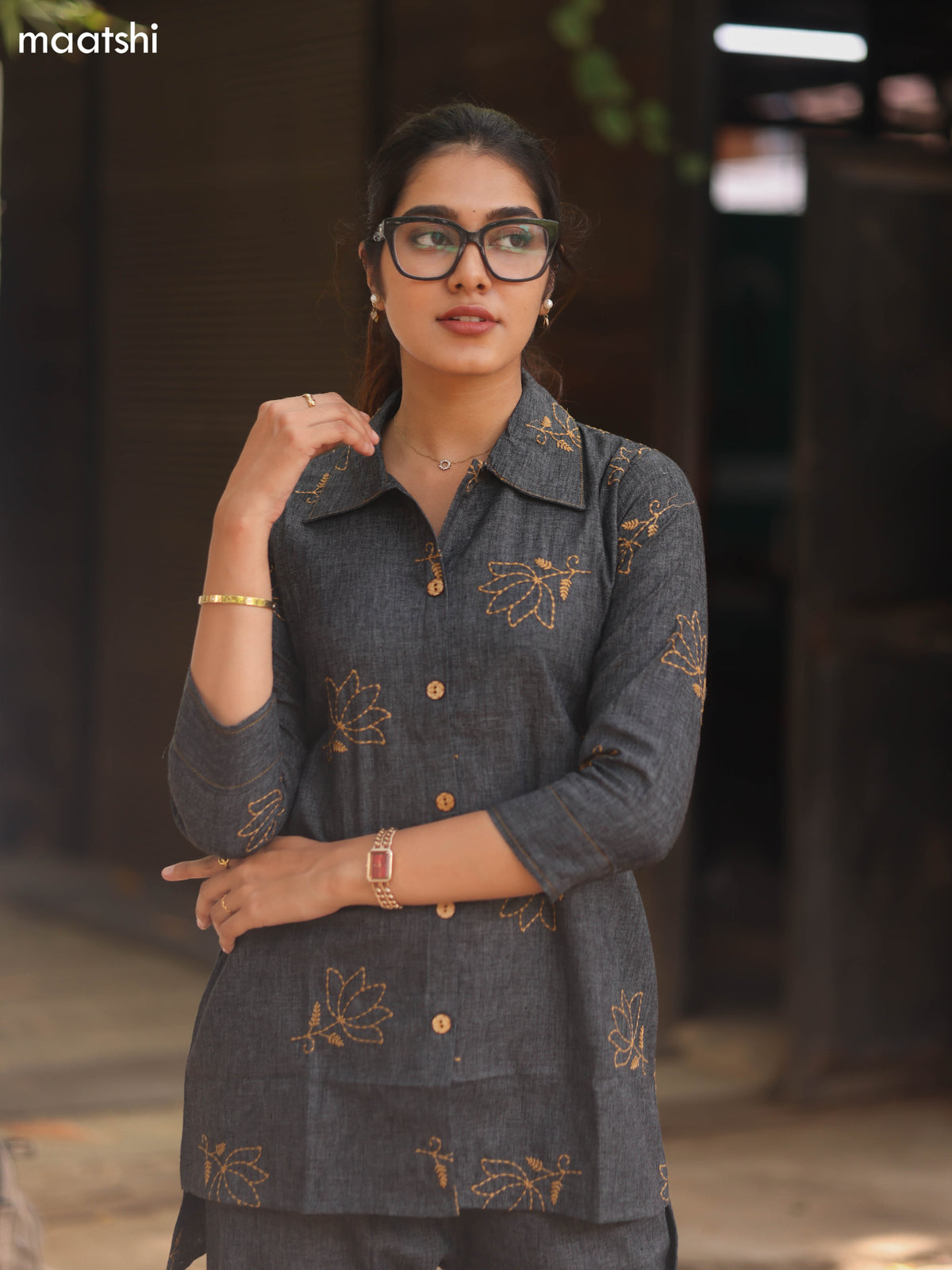 Elephant Grey Cotton Embroidery Work Short Co-Ord Set