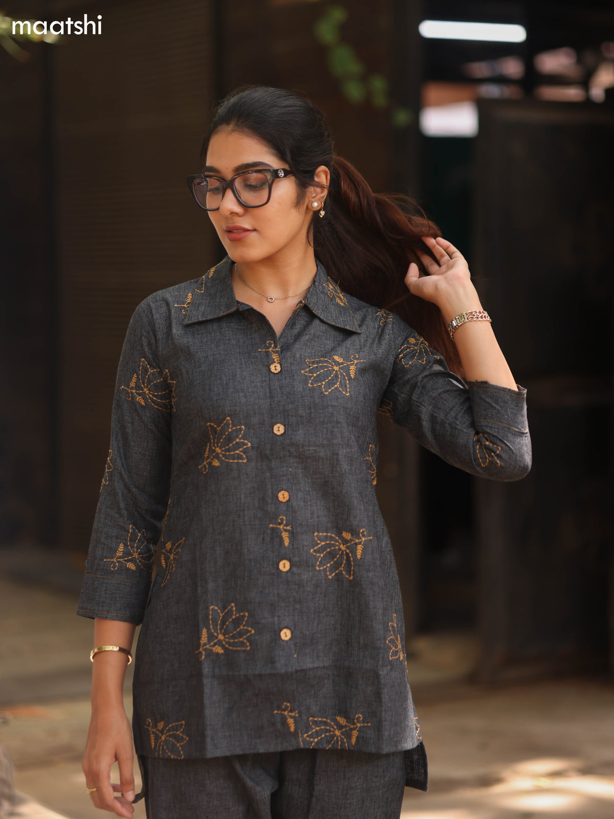 Elephant Grey Cotton Embroidery Work Short Co-Ord Set