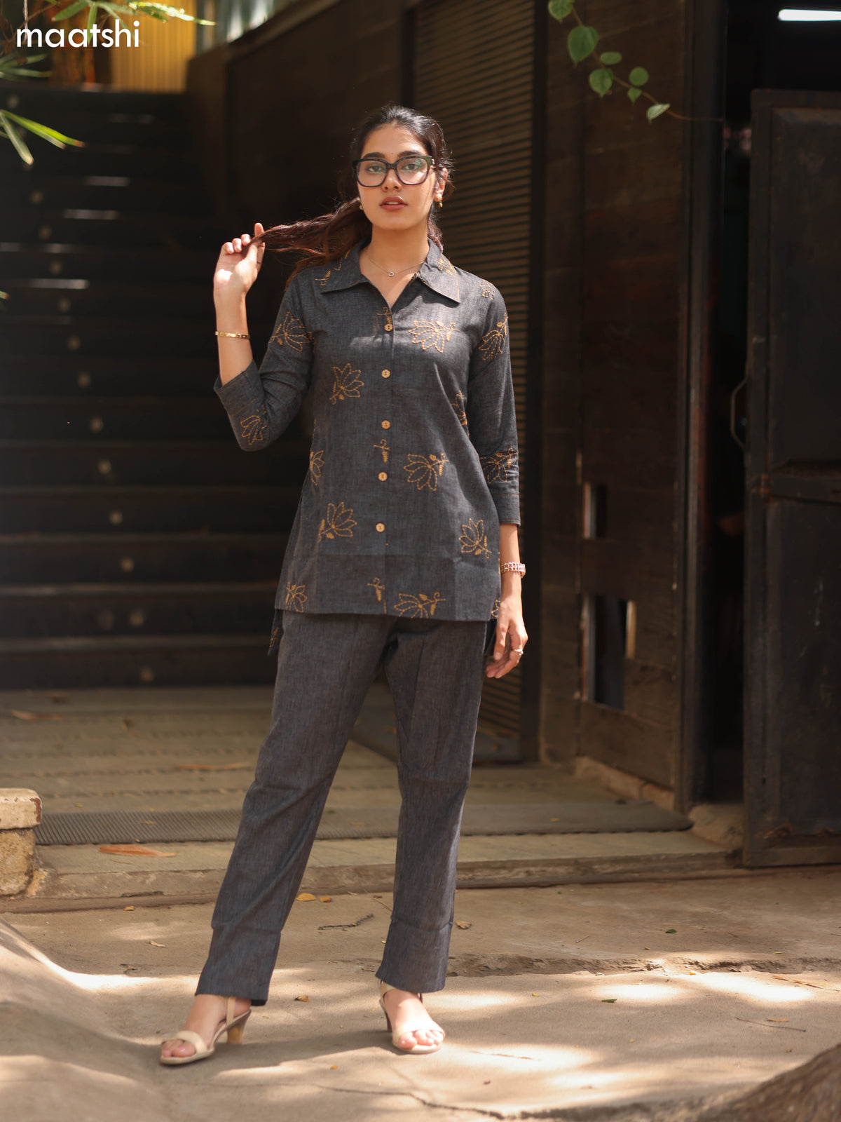 Elephant Grey Cotton Embroidery Work Short Co-Ord Set