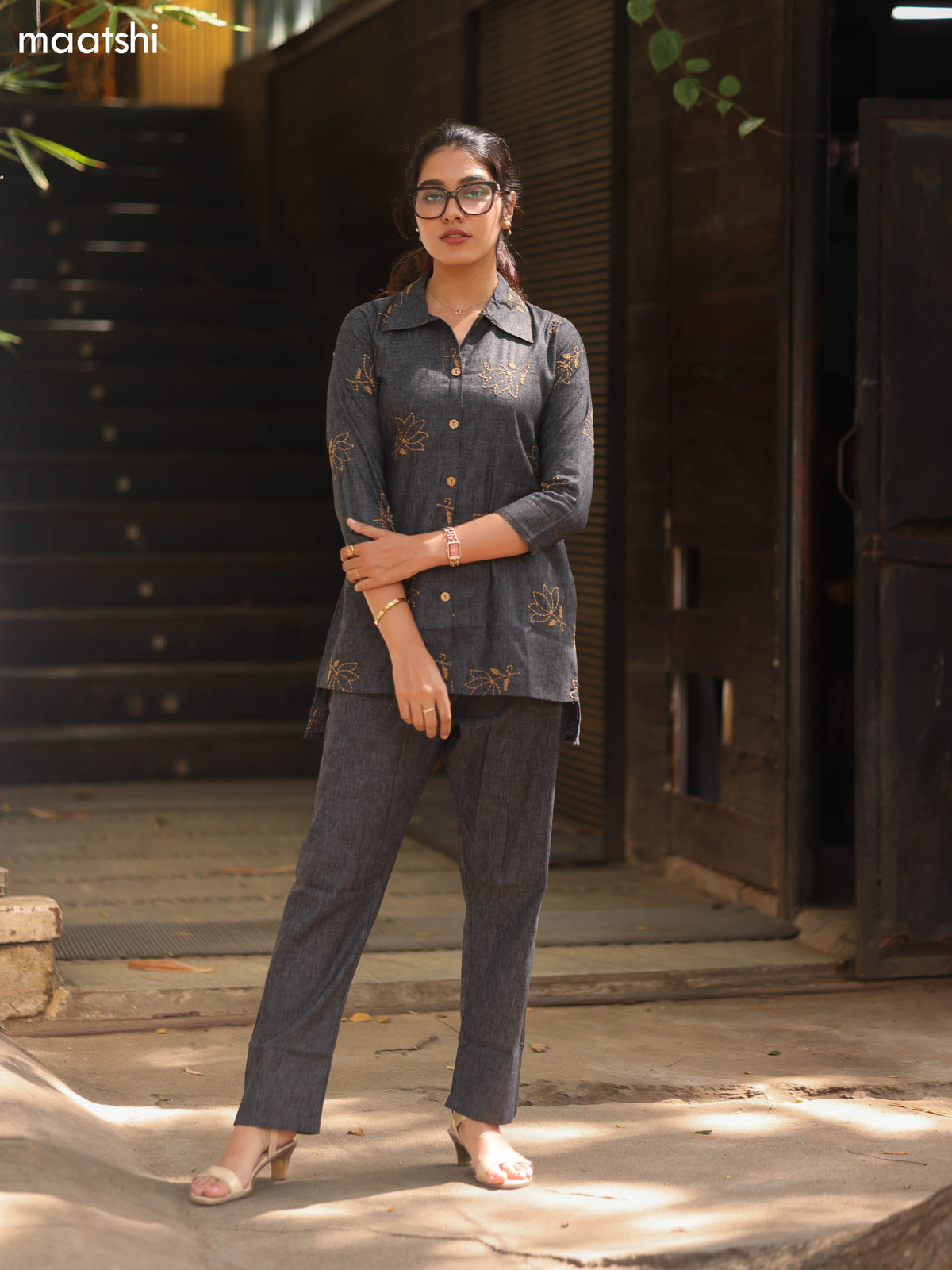 Elephant Grey Cotton Embroidery Work Short Co-Ord Set