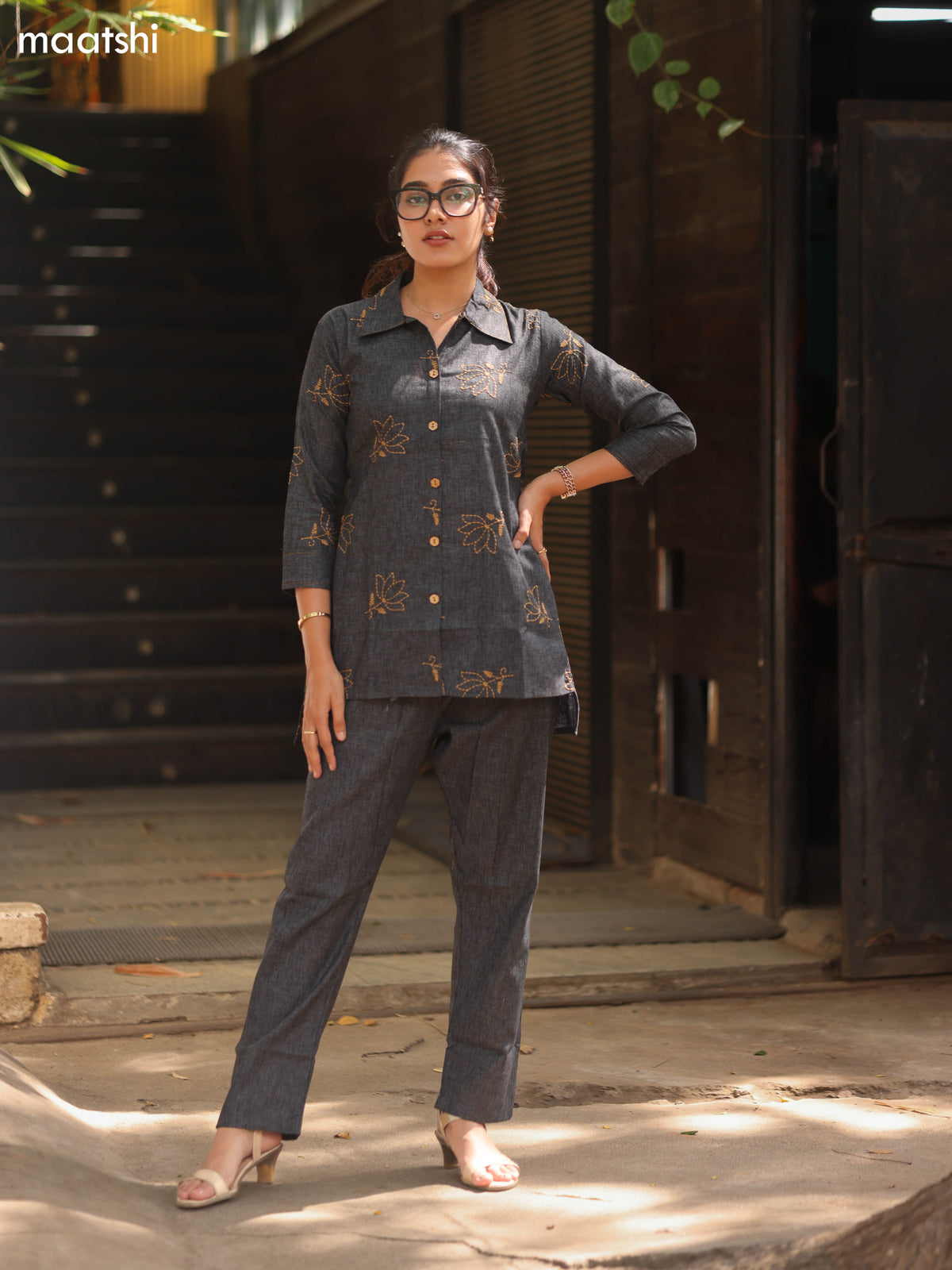 Elephant Grey Cotton Embroidery Work Short Co-Ord Set