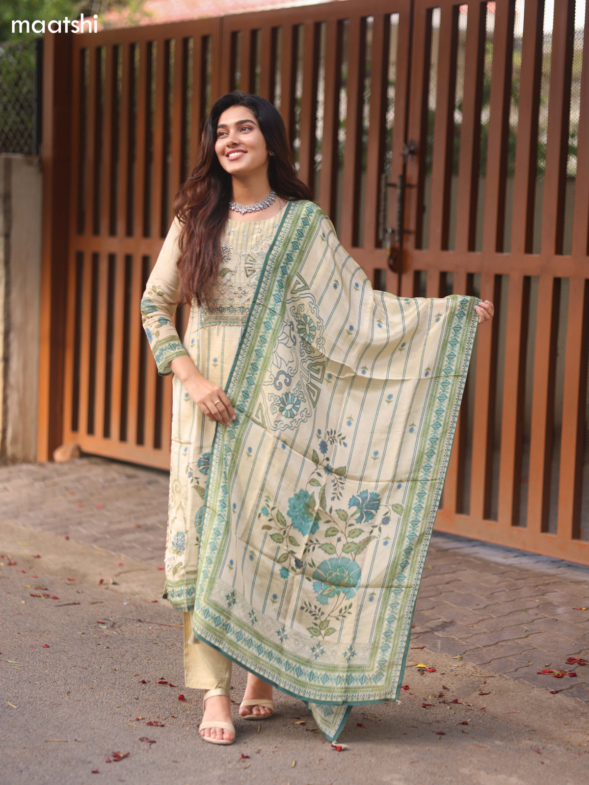 Biege and Teal Green Tissue Embroidery Work Straight Suit