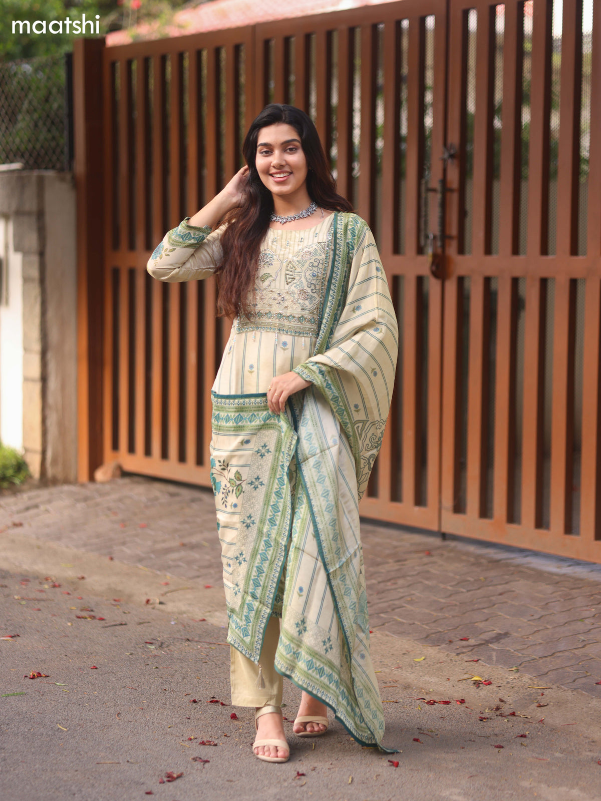 Biege and Teal Green Tissue Embroidery Work Straight Suit