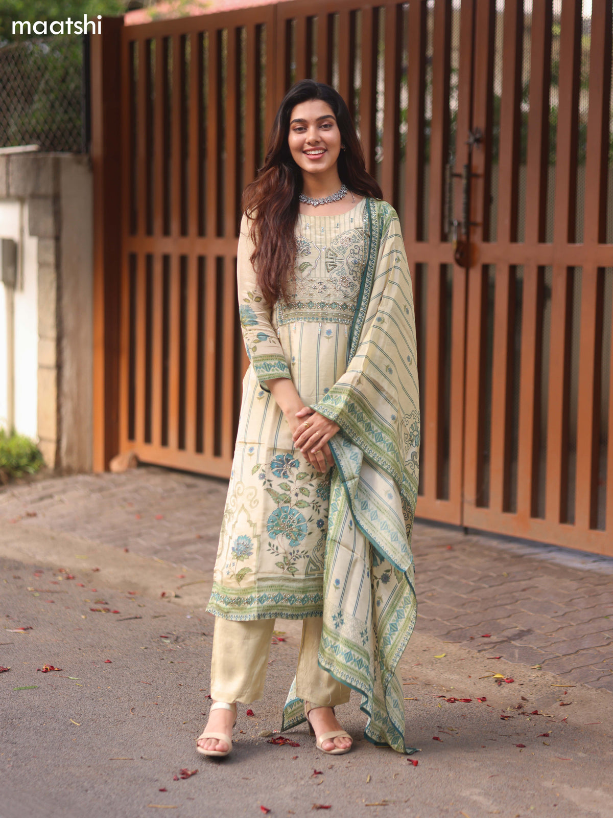 Biege and Teal Green Tissue Embroidery Work Straight Suit