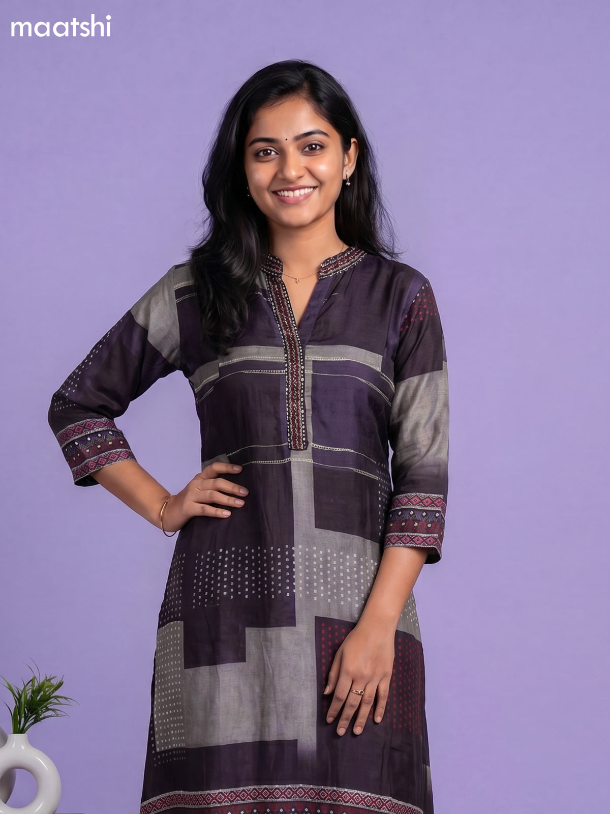 Deep Wine Art Tussar Printed & Embroidery Work Fish Cut Kurti Set