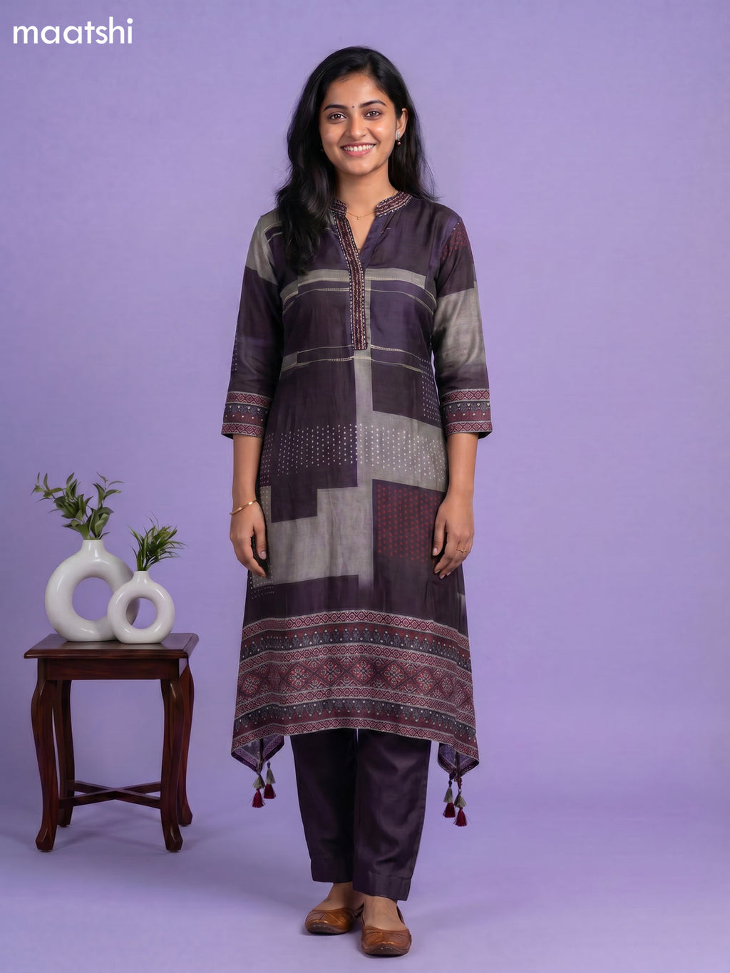 Deep Wine Art Tussar Printed & Embroidery Work Fish Cut Kurti Set