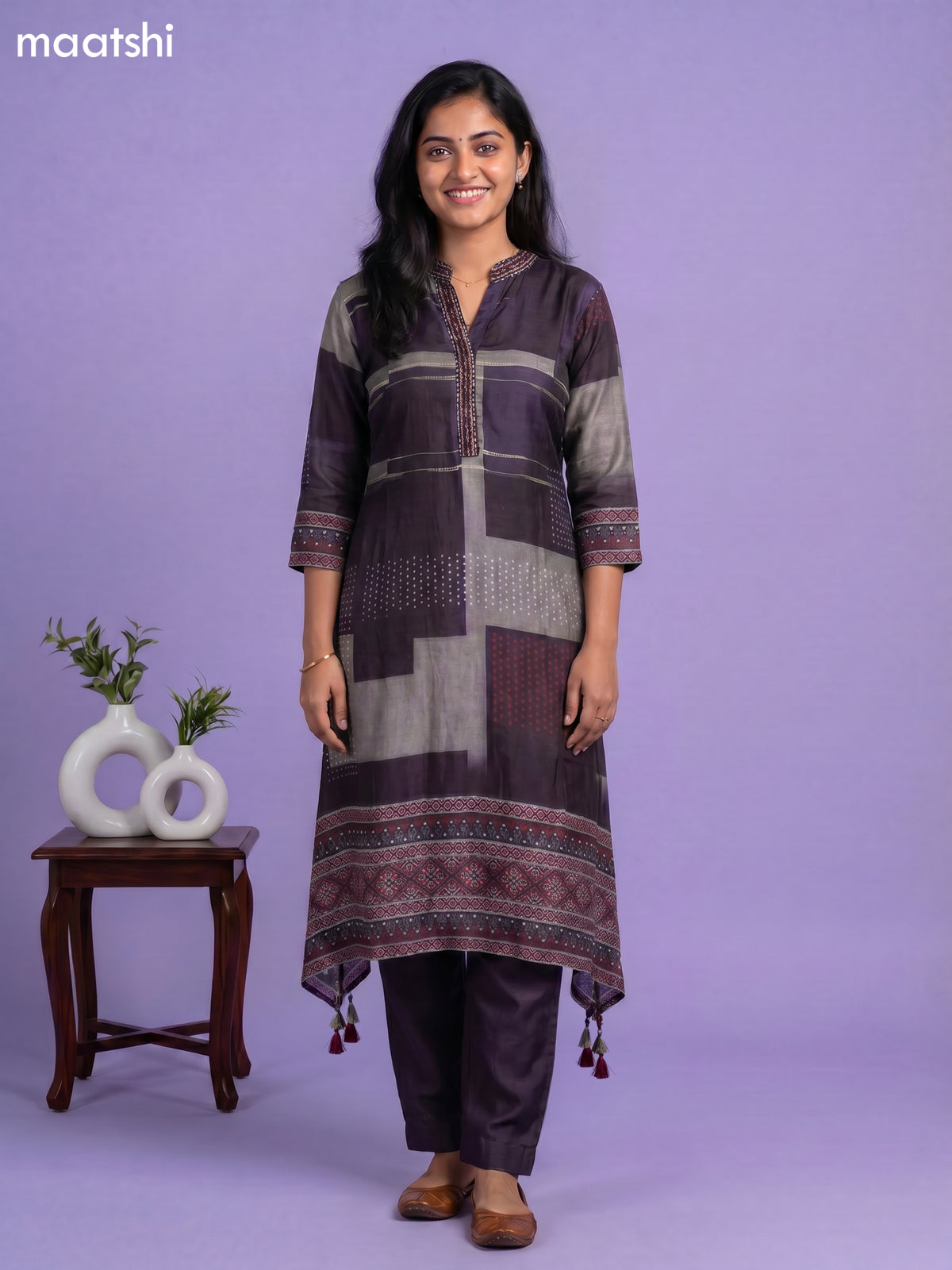 Deep Wine Art Tussar Printed & Embroidery Work Fish Cut Kurti Set
