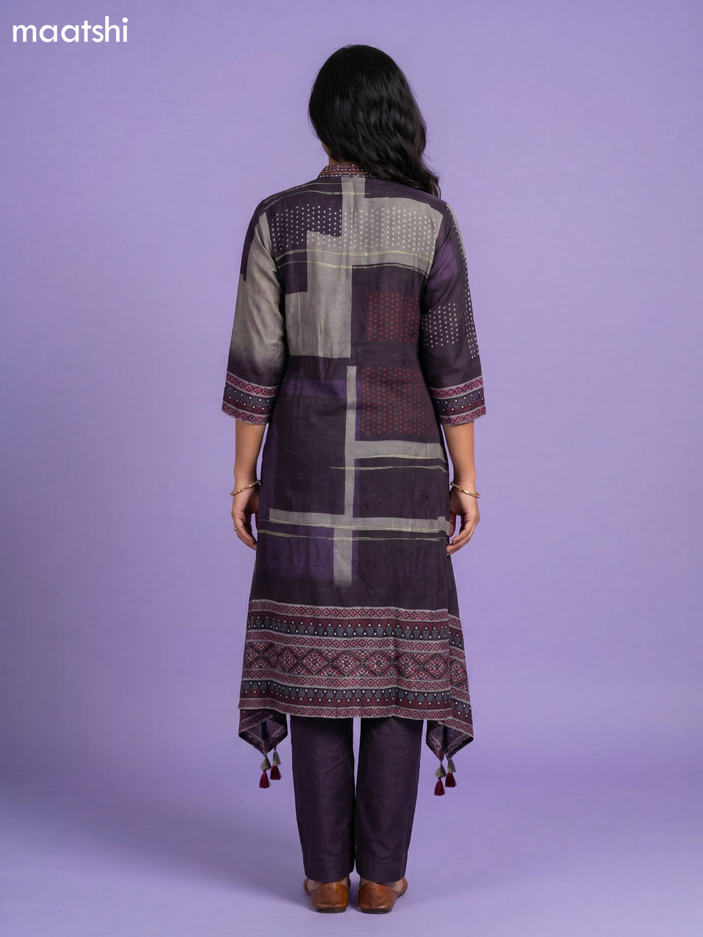 Deep Wine Art Tussar Printed & Embroidery Work Fish Cut Kurti Set