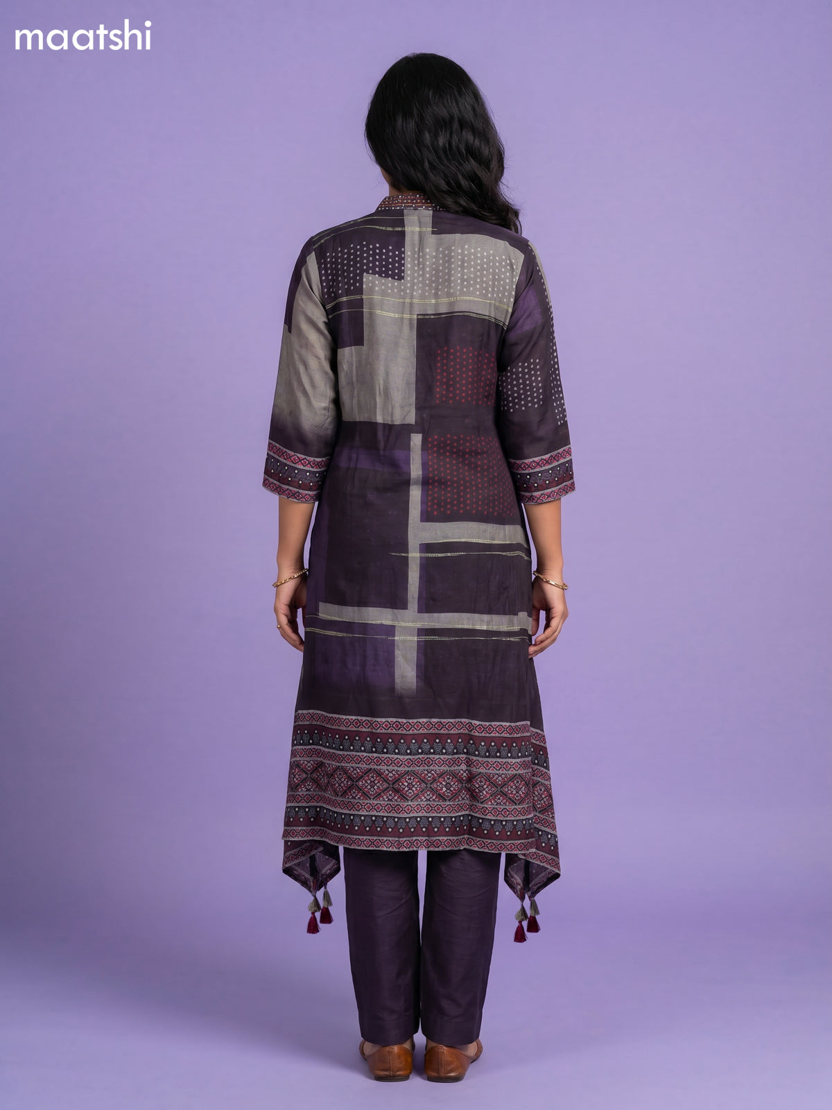 Deep Wine Art Tussar Printed & Embroidery Work Fish Cut Kurti Set