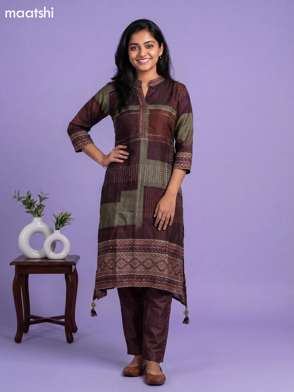 Deep Maroon Art Tussar Printed & Embroidery Work Fish Cut Kurti Set