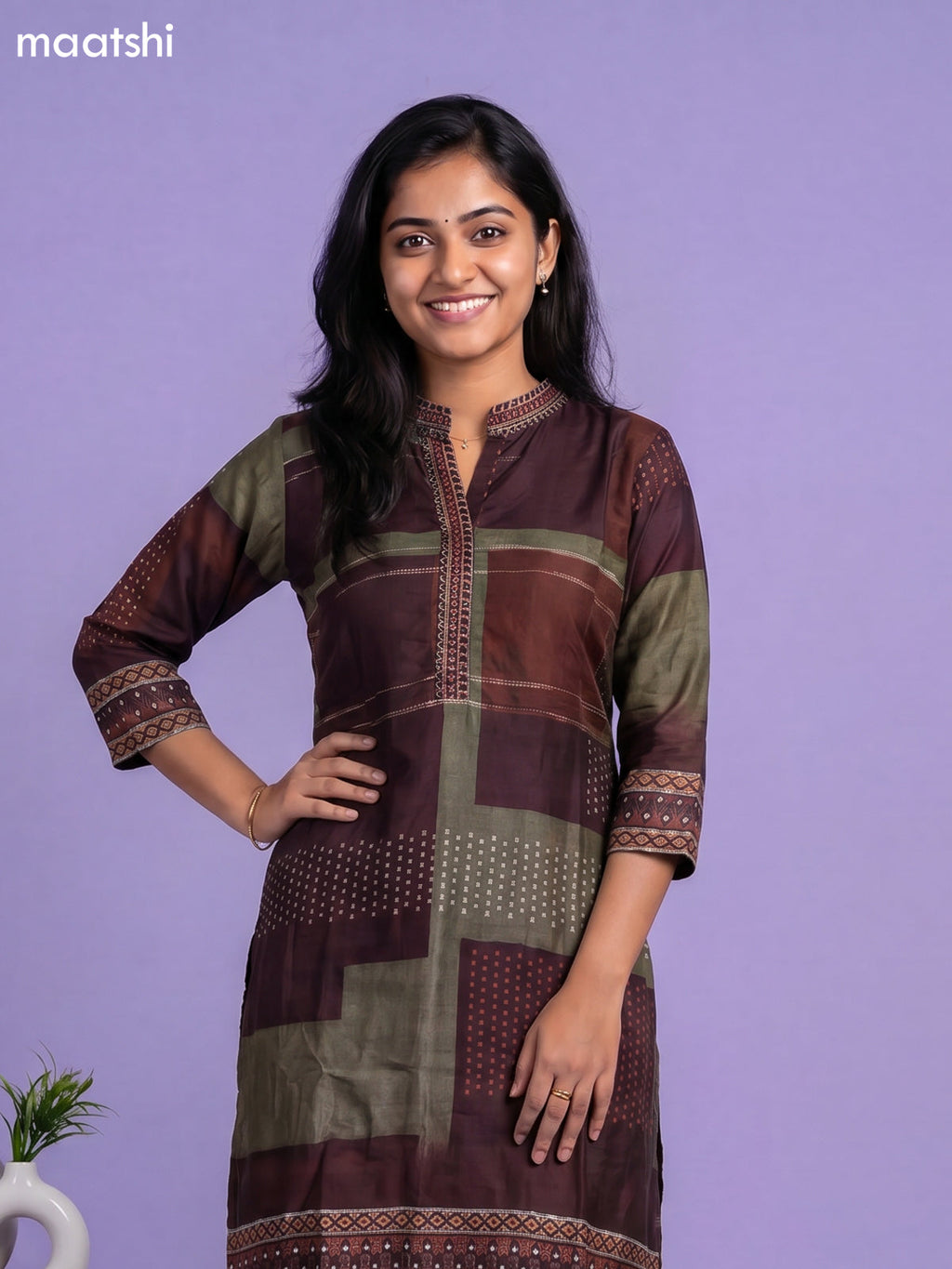 Deep Maroon Art Tussar Printed & Embroidery Work Fish Cut Kurti Set