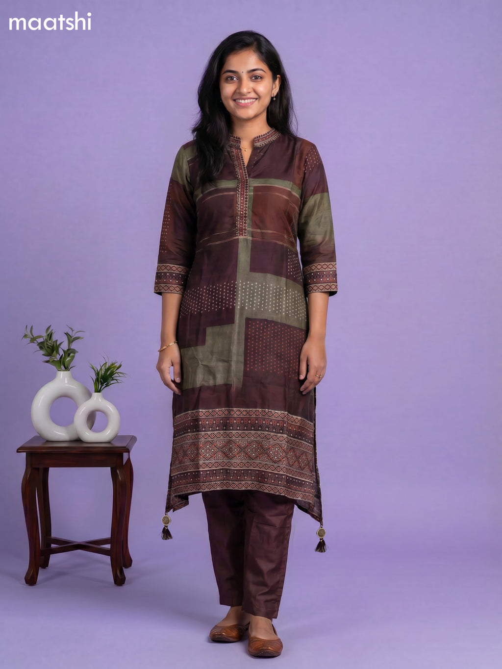 Deep Maroon Art Tussar Printed & Embroidery Work Fish Cut Kurti Set