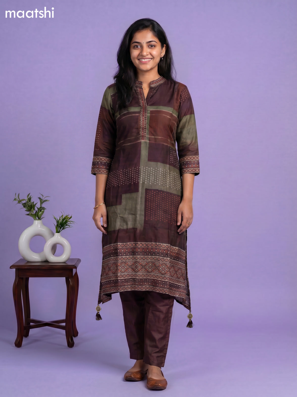 Deep Maroon Art Tussar Printed & Embroidery Work Fish Cut Kurti Set