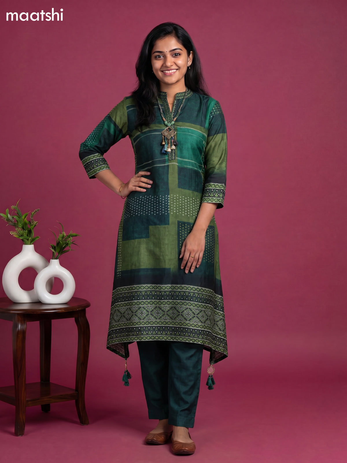 Green Art Tussar Printed & Embroidery Work Fish Cut Kurti Set