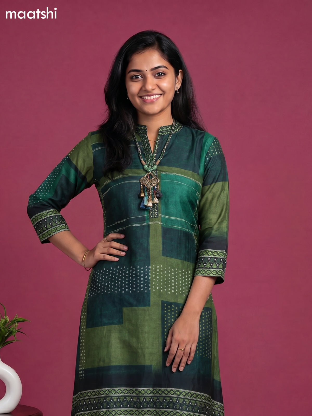 Green Art Tussar Printed & Embroidery Work Fish Cut Kurti Set