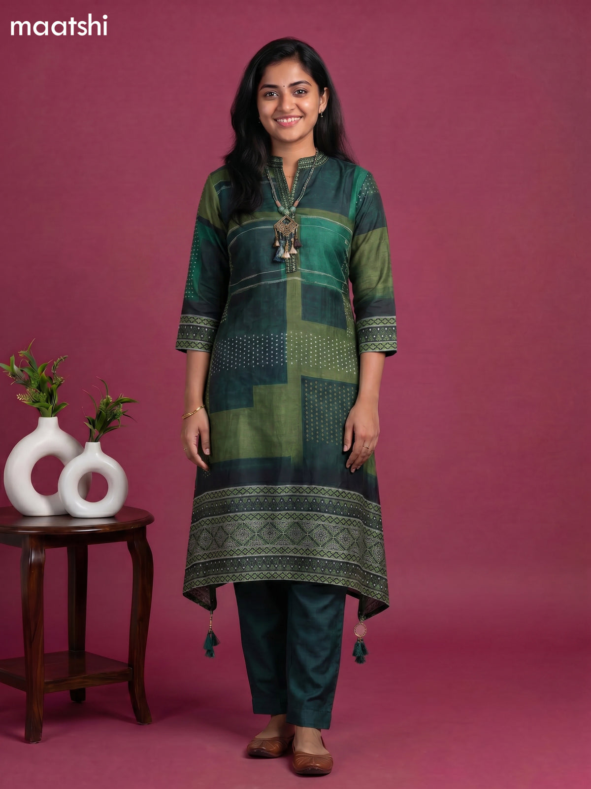 Green Art Tussar Printed & Embroidery Work Fish Cut Kurti Set