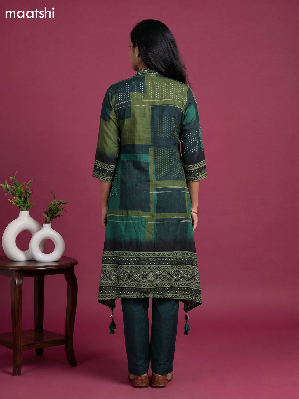 Green Art Tussar Printed & Embroidery Work Fish Cut Kurti Set