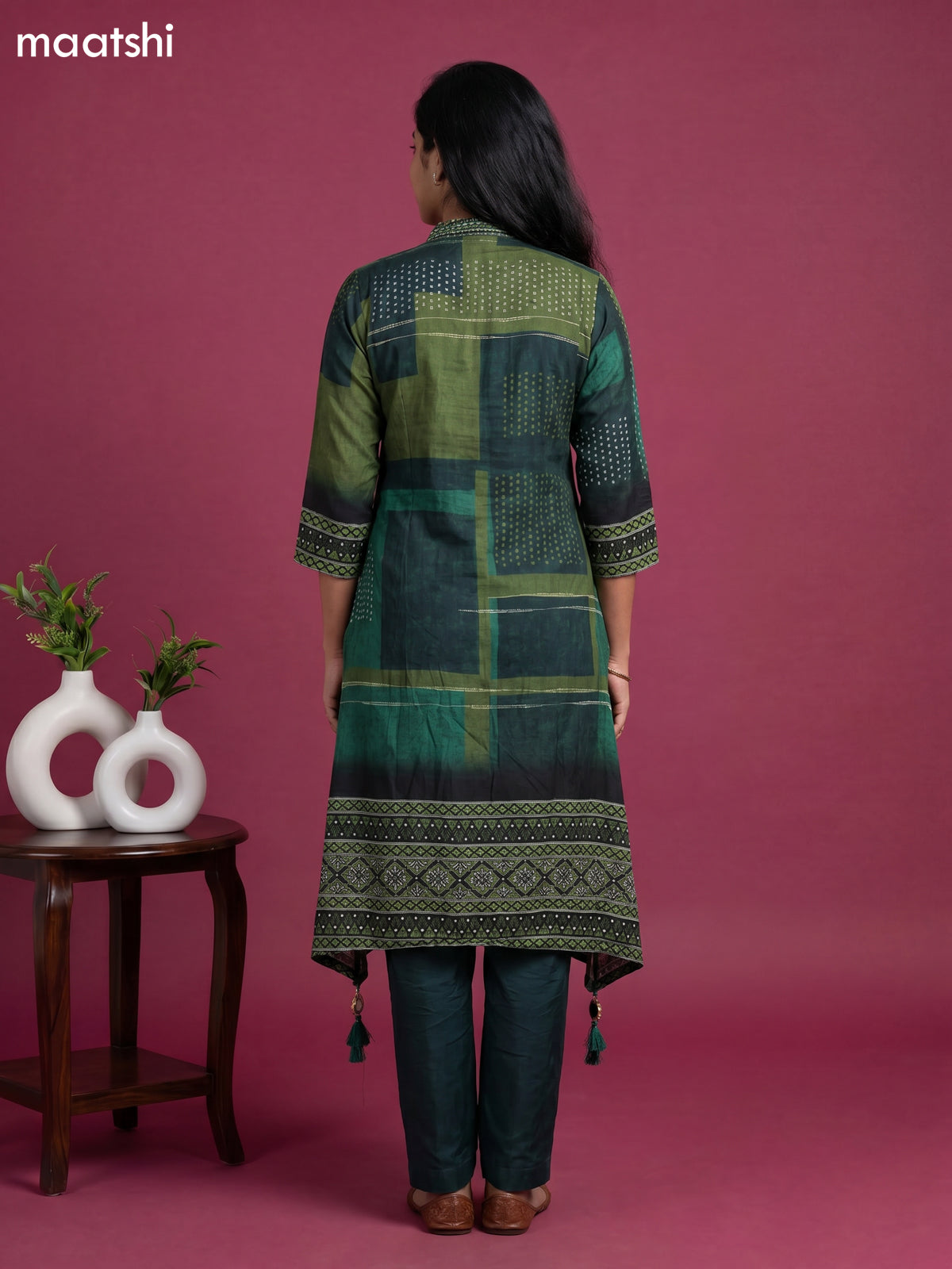Green Art Tussar Printed & Embroidery Work Fish Cut Kurti Set