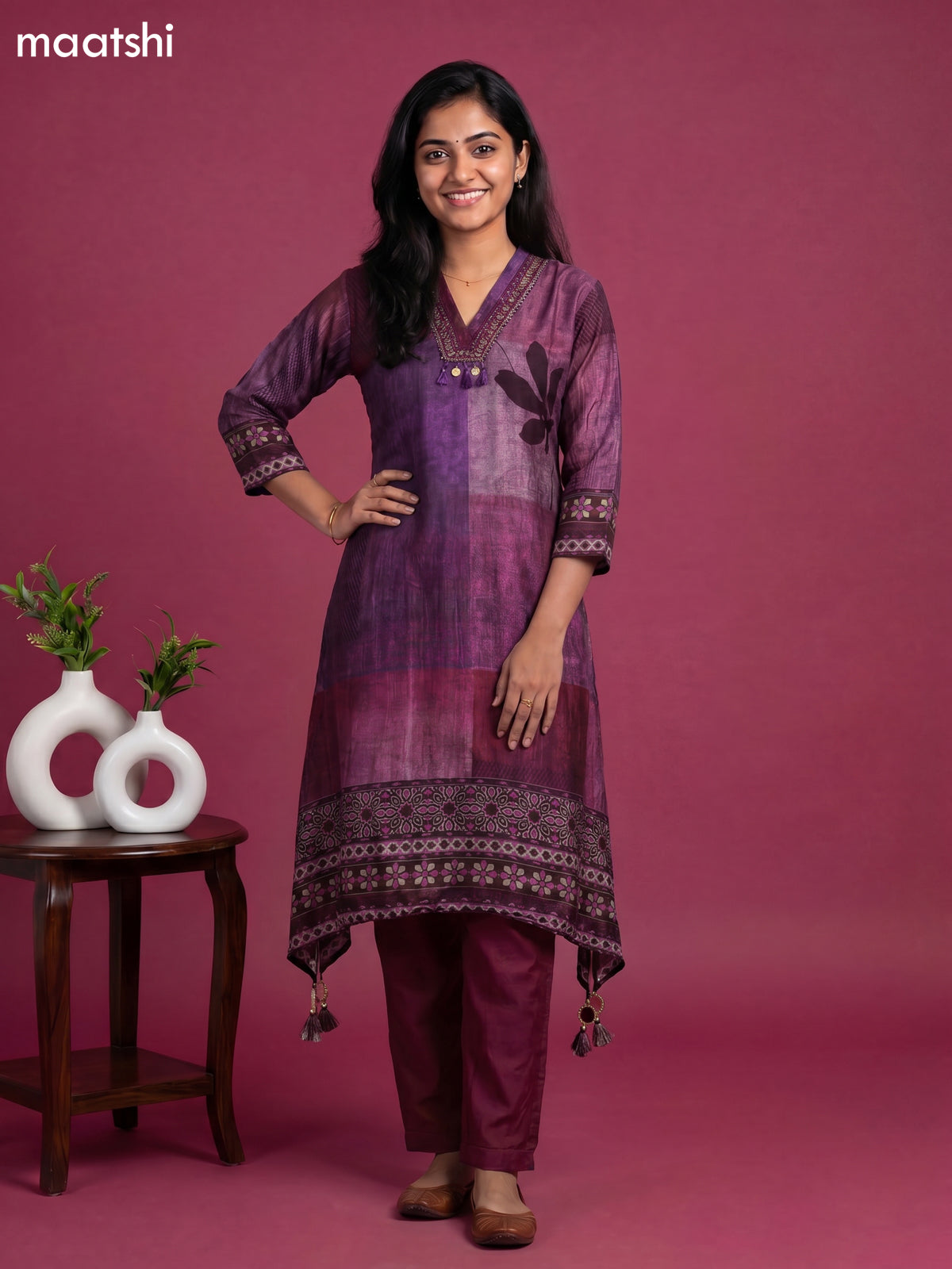 Multi Colour and Maroon Art Tussar Printed & Embroidery Work Fish Cut Kurti Set