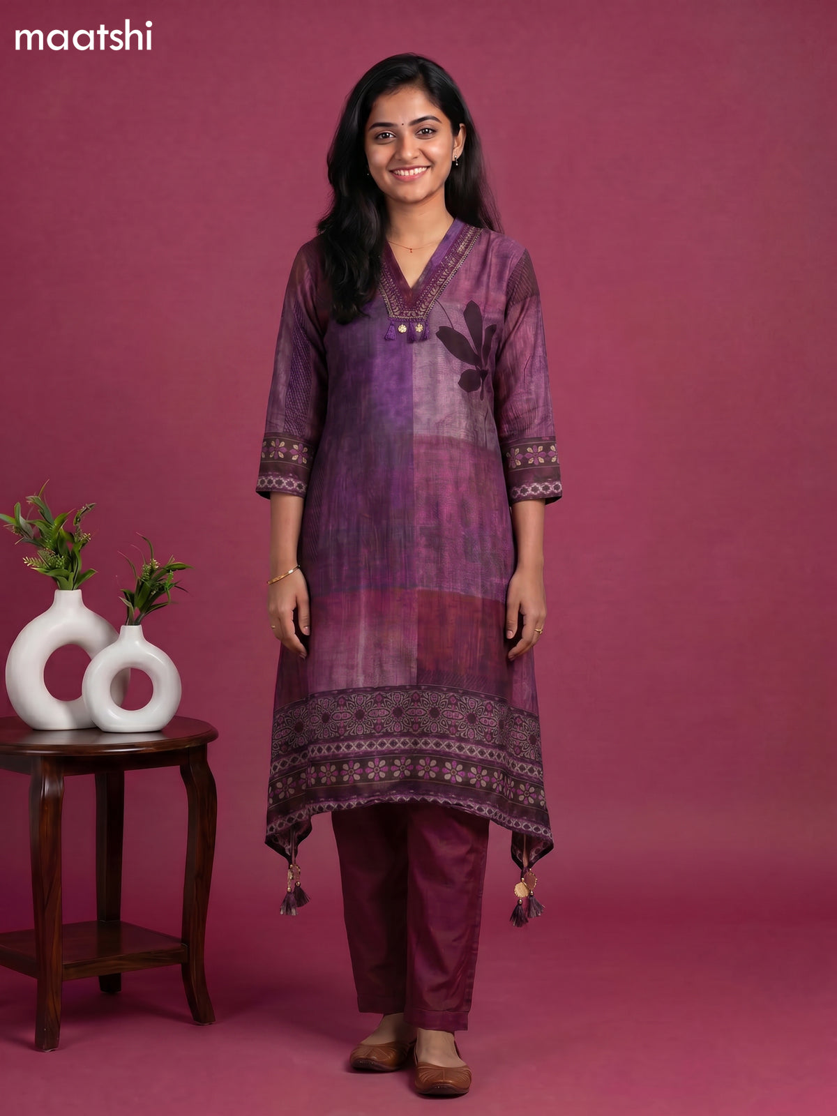 Multi Colour and Maroon Art Tussar Printed & Embroidery Work Fish Cut Kurti Set