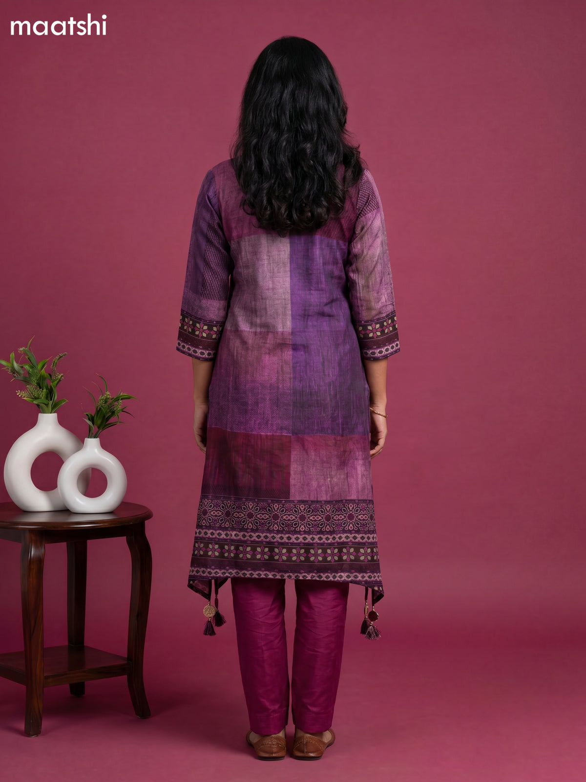 Multi Colour and Maroon Art Tussar Printed & Embroidery Work Fish Cut Kurti Set