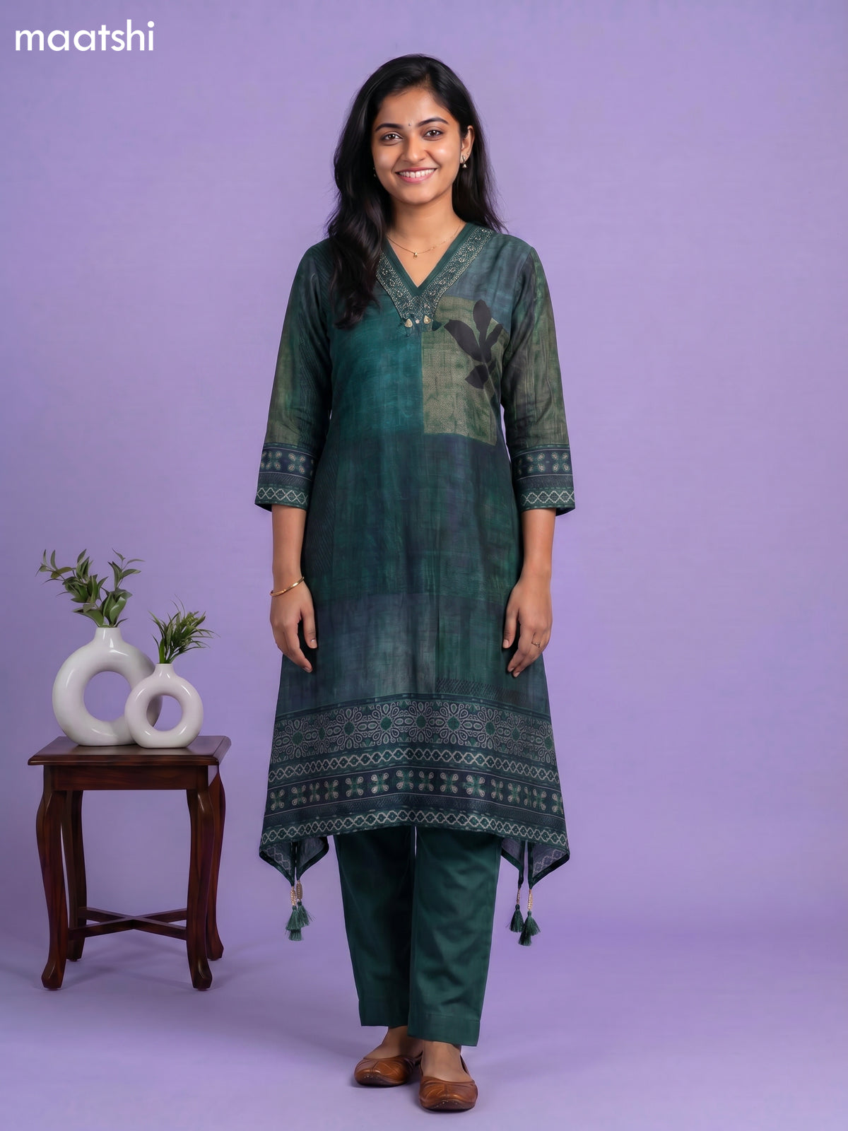 Green Art Tussar Printed & Embroidery Work Fish Cut Kurti Set