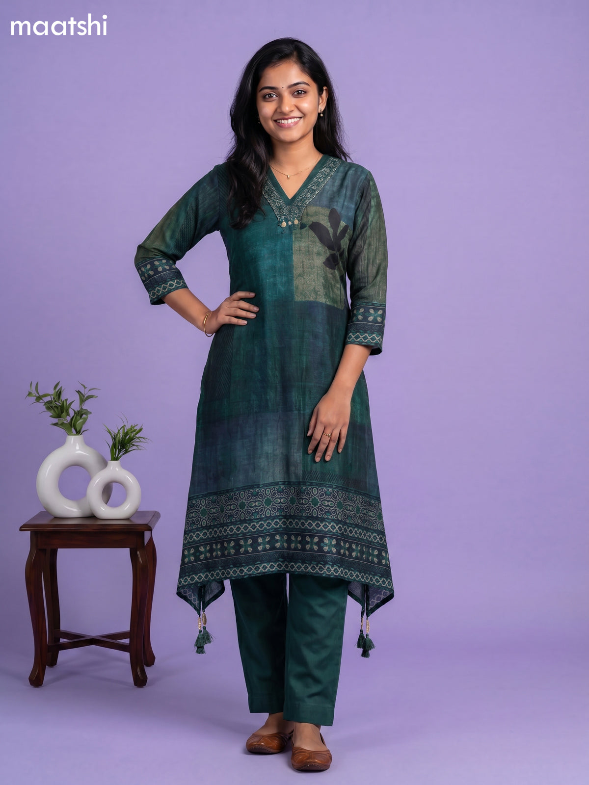 Green Art Tussar Printed & Embroidery Work Fish Cut Kurti Set