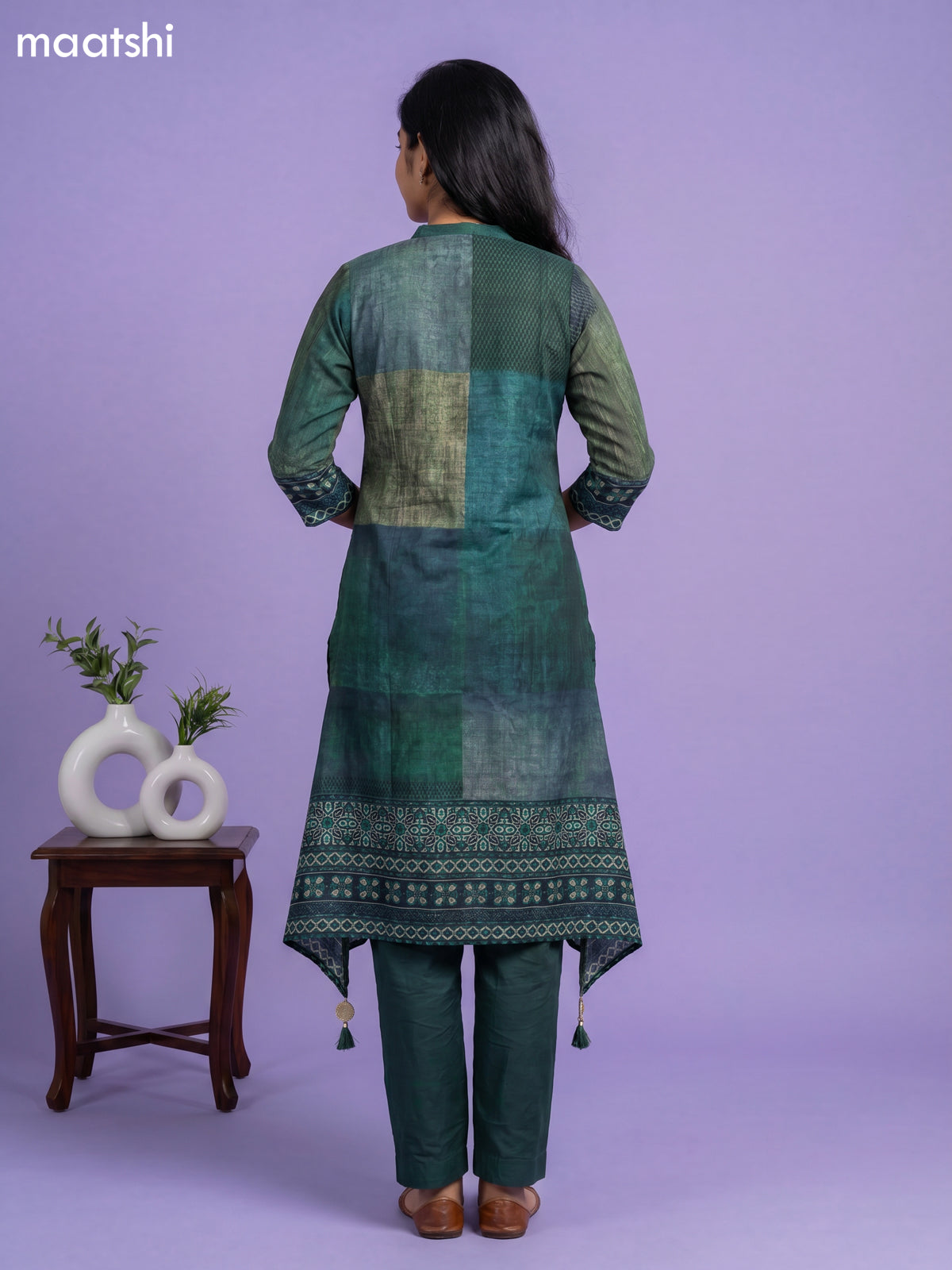 Green Art Tussar Printed & Embroidery Work Fish Cut Kurti Set