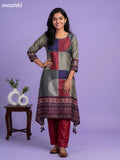 Dark Grey Blue and Maroon Art Tussar Printed Fish Cut Kurti Set