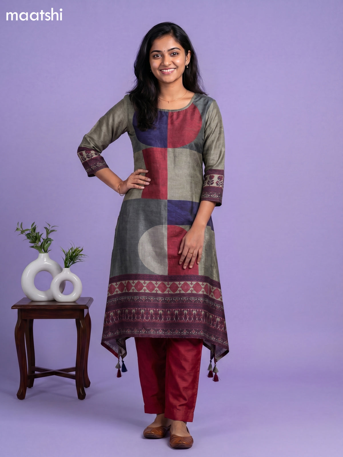 Dark Grey Blue and Maroon Art Tussar Printed Fish Cut Kurti Set