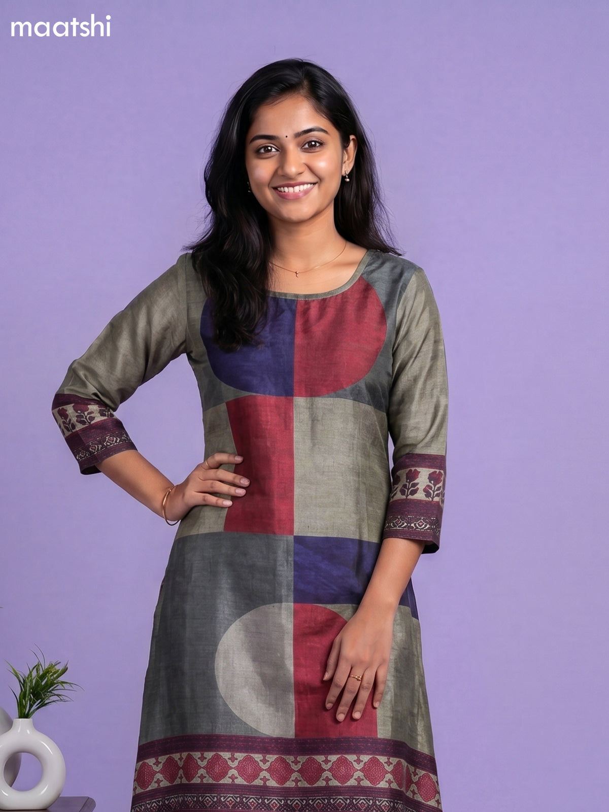 Dark Grey Blue and Maroon Art Tussar Printed Fish Cut Kurti Set