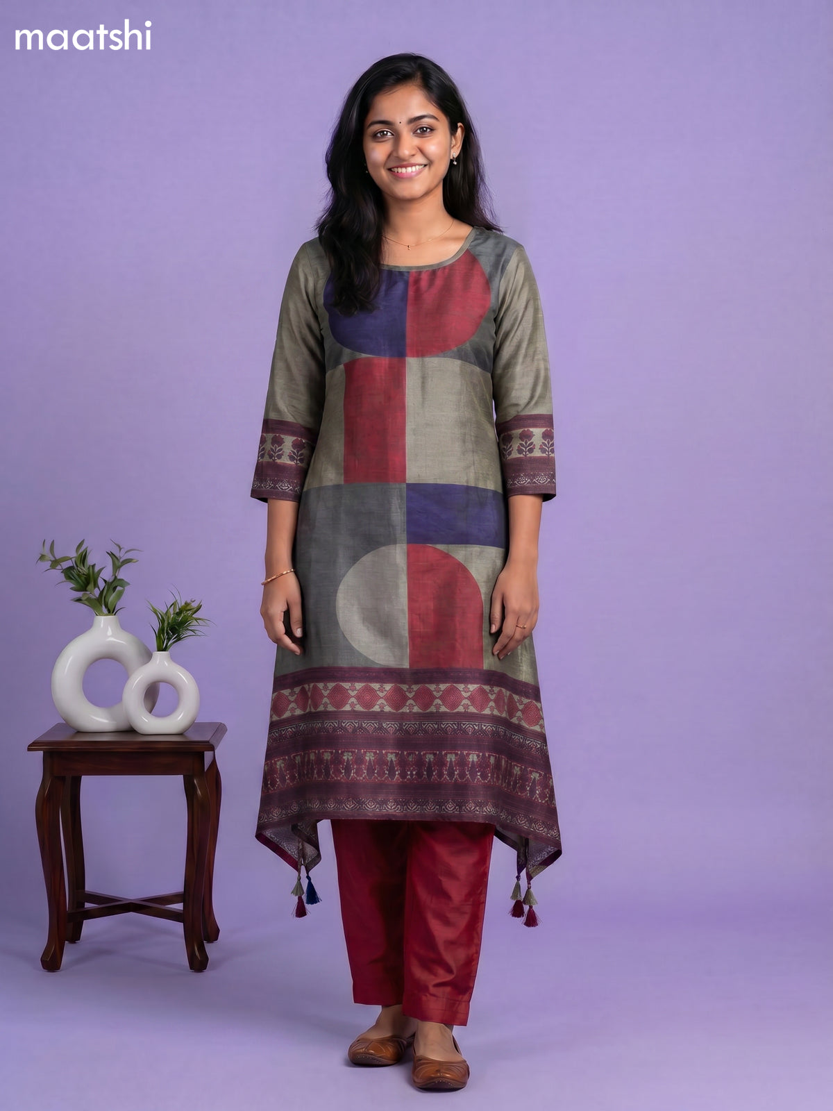 Dark Grey Blue and Maroon Art Tussar Printed Fish Cut Kurti Set