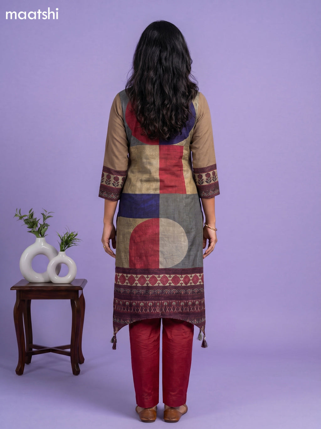 Dark Grey Blue and Maroon Art Tussar Printed Fish Cut Kurti Set