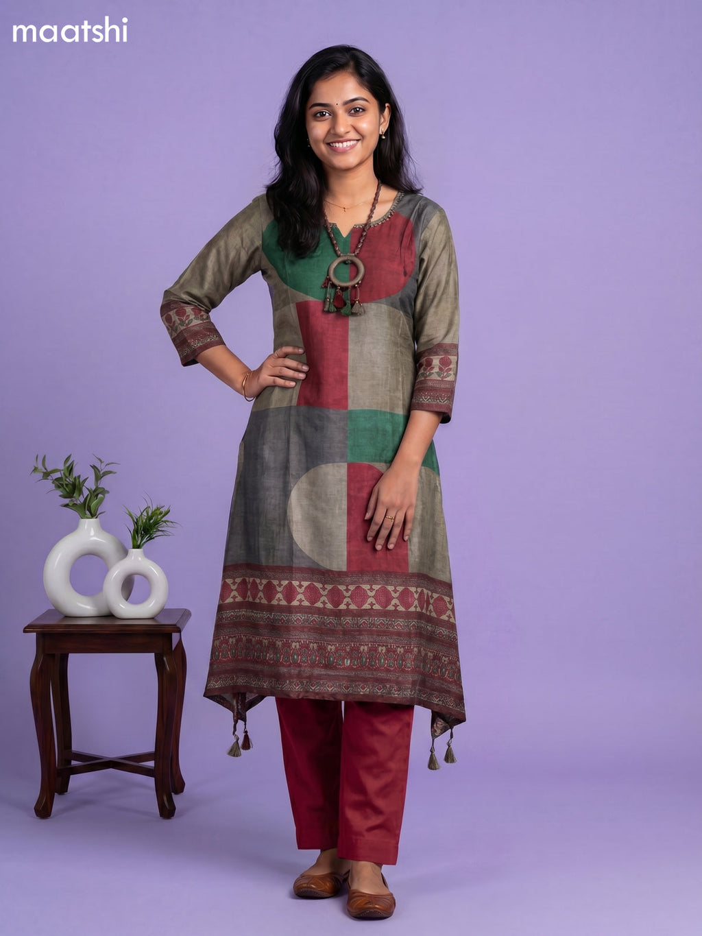 Dark Grey Green and Maroon Art Tussar Printed Fish Cut Kurti Set