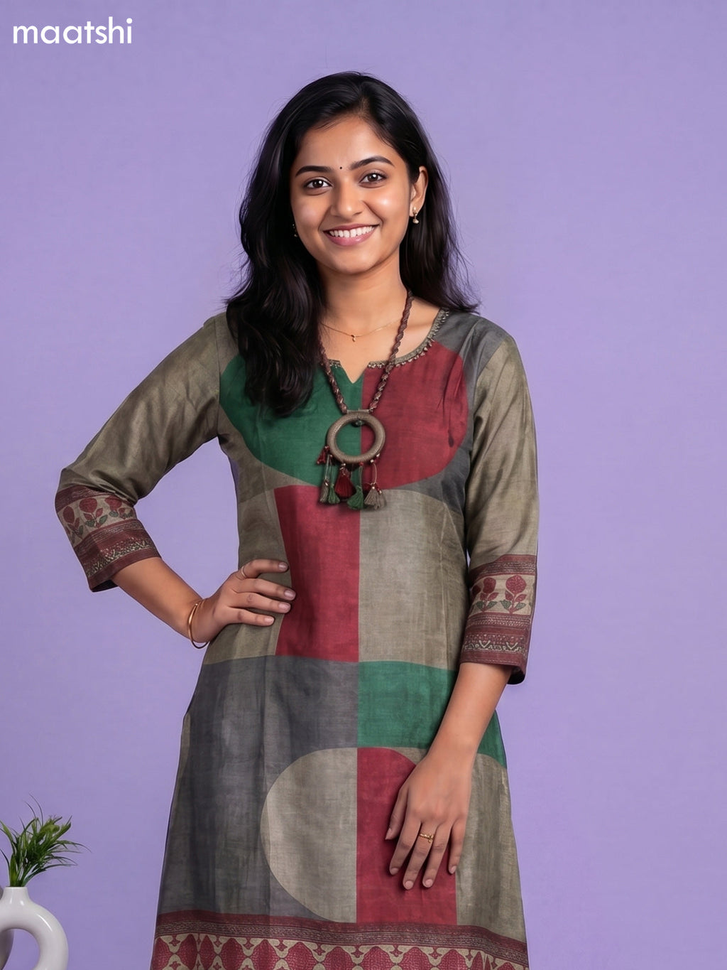 Dark Grey Green and Maroon Art Tussar Printed Fish Cut Kurti Set