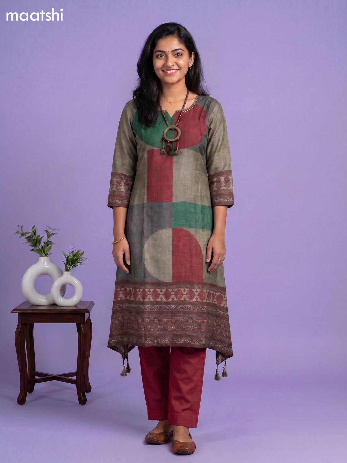 Dark Grey Green and Maroon Art Tussar Printed Fish Cut Kurti Set