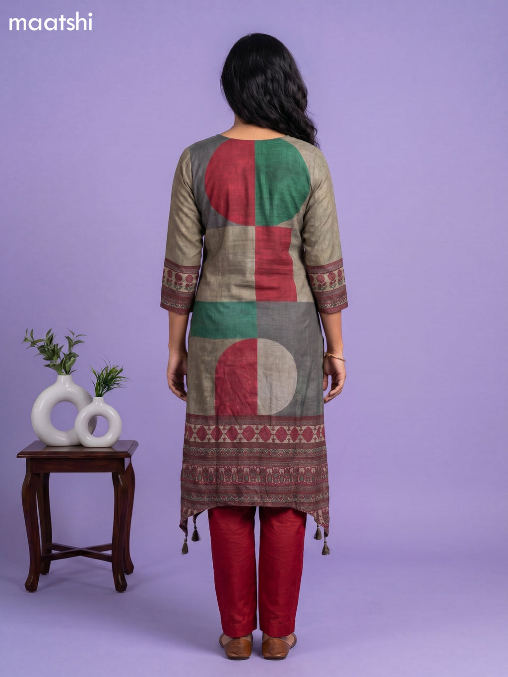 Dark Grey Green and Maroon Art Tussar Printed Fish Cut Kurti Set