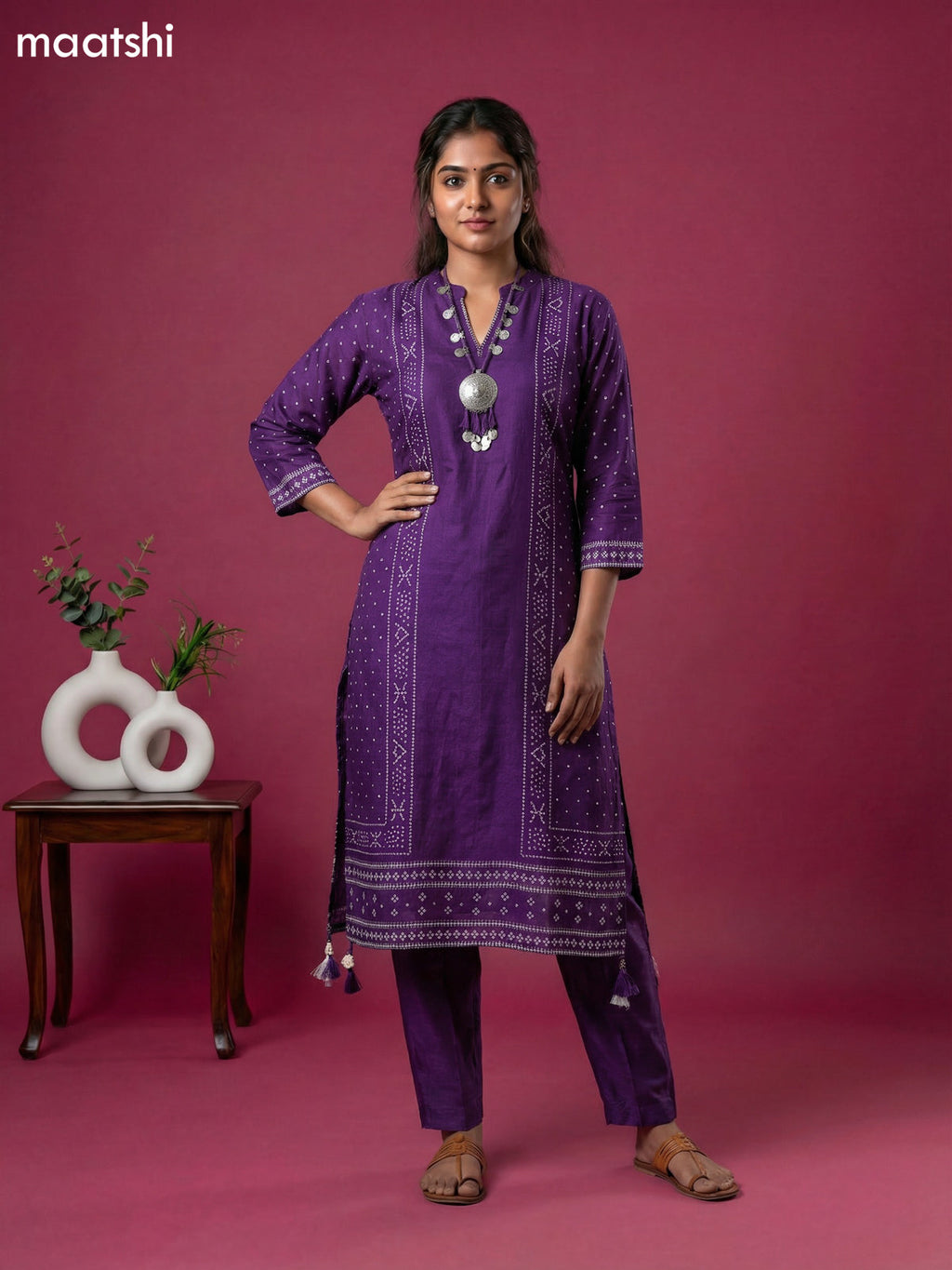 Violet Art Tussar Bandhini Printed Fish Cut Kurti Set