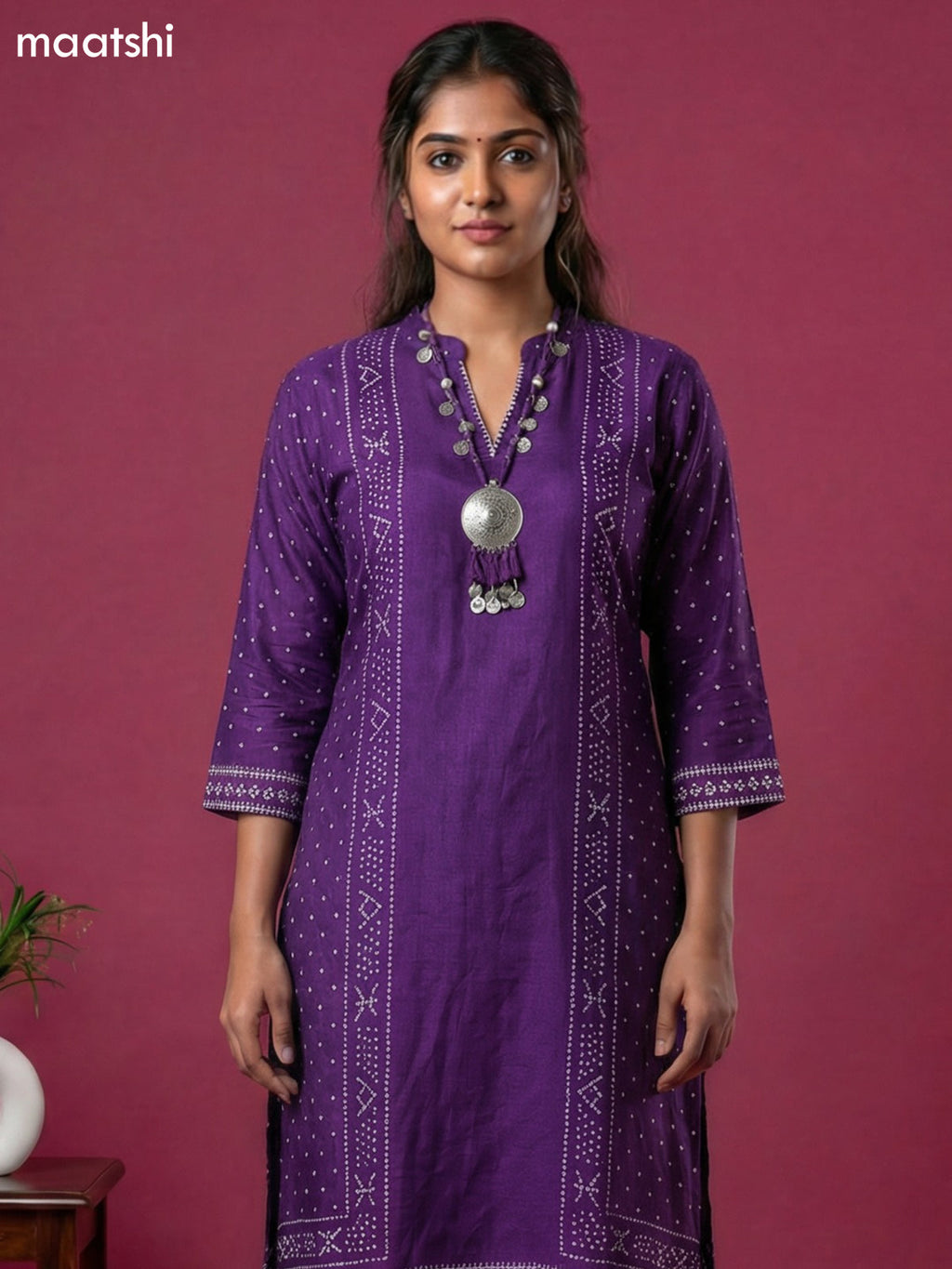 Violet Art Tussar Bandhini Printed Fish Cut Kurti Set