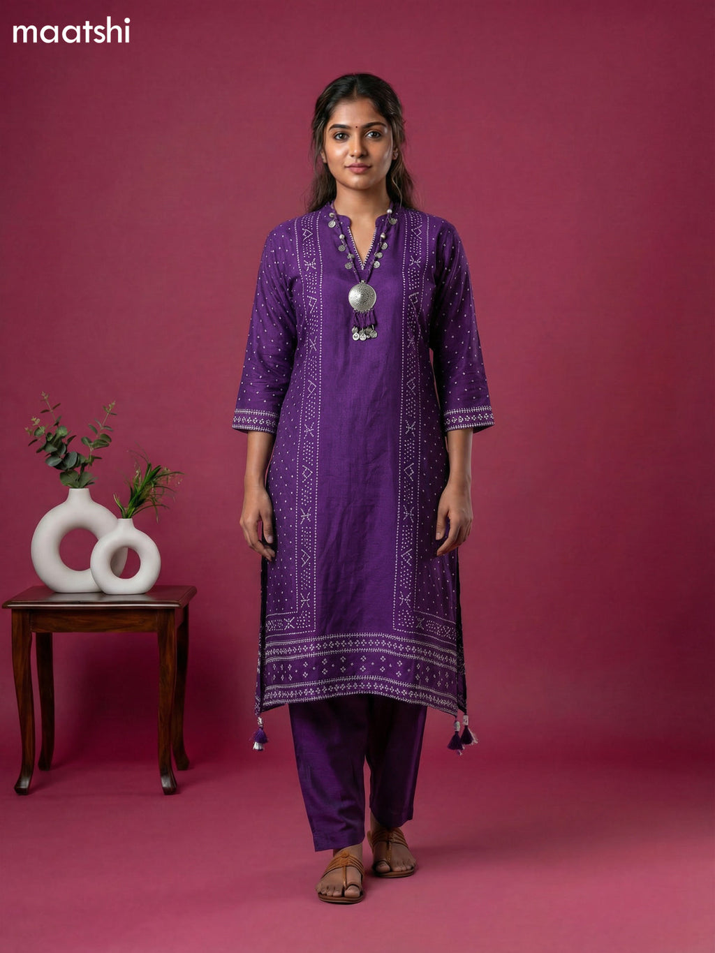 Violet Art Tussar Bandhini Printed Fish Cut Kurti Set
