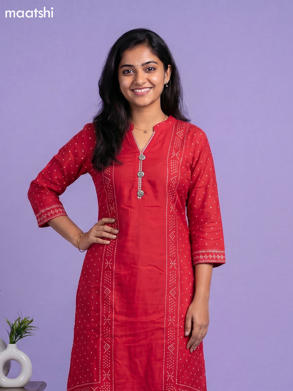 Red Art Tussar Bandhini Printed Fish Cut Kurti Set