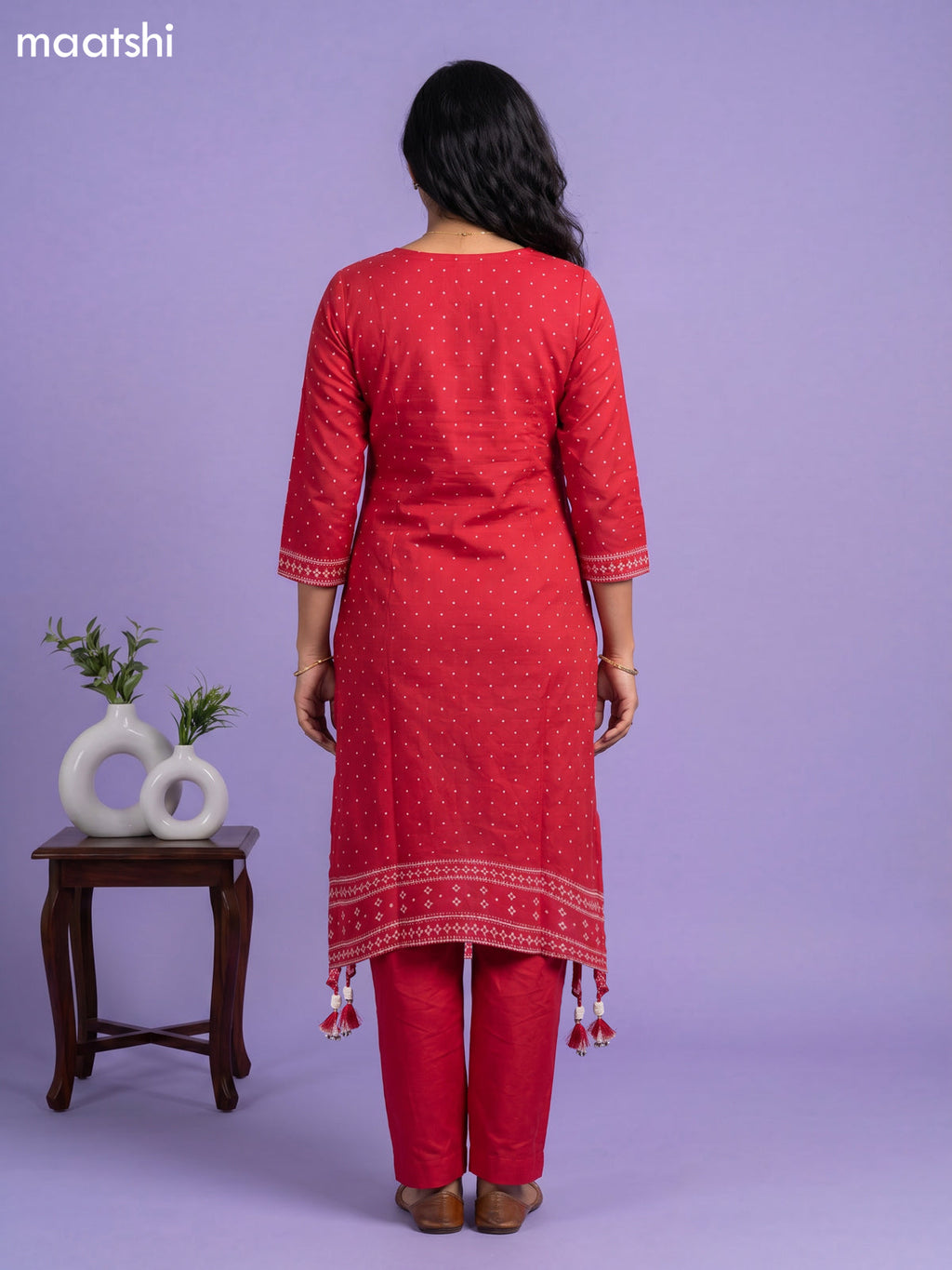 Red Art Tussar Bandhini Printed Fish Cut Kurti Set