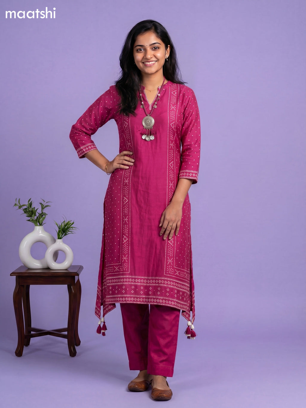 Magenta Pink Art Tussar Bandhini Printed Fish Cut Kurti Set