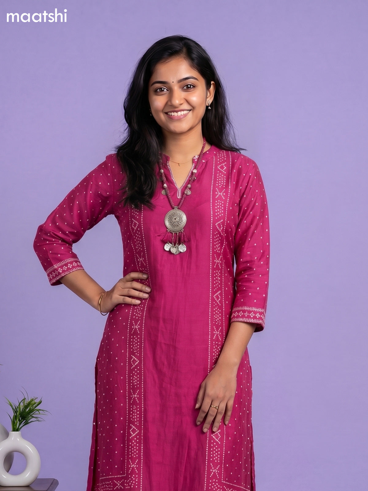 Magenta Pink Art Tussar Bandhini Printed Fish Cut Kurti Set